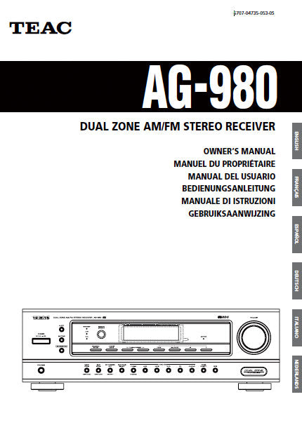 TEAC AG-980 OWNER'S MANUAL BOOK IN ENGLISH FRANC ESP DEUT ITAL NL DUAL ZONE AM FM STEREO RECEIVER