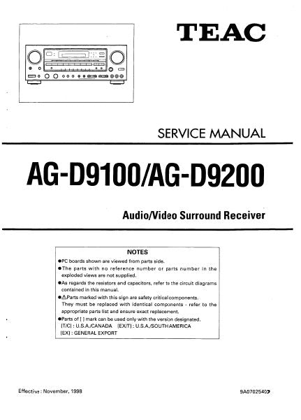 TEAC AG-D9100 AG-D9200 SERVICE MANUAL BOOK IN ENGLISH AV SURROUND RECEIVER
