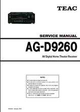 Load image into Gallery viewer, TEAC AG-D9260 SERVICE MANUAL BOOK IN ENGLISH AV DIGITAL HOME THEATER RECEIVER
