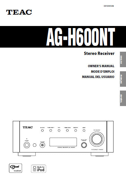TEAC AG-H600NT OWNER'S MANUAL BOOK IN ENGLISH FRANCAIS ET ESPANOL STEREO RECEIVER