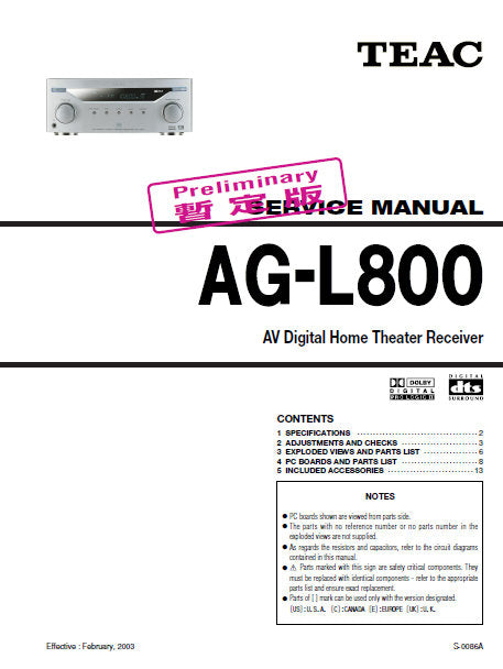 TEAC AG-L800 SERVICE MANUAL BOOK IN ENGLISH AV DIGITAL HOME THEATER RECEIVER