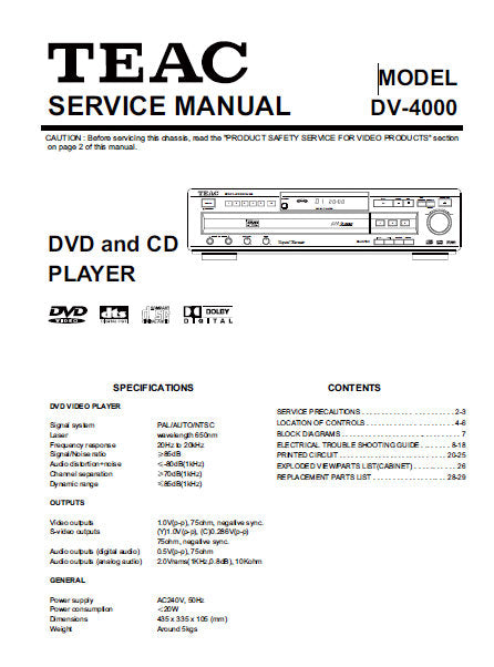 TEAC DV-4000 SERVICE MANUAL BOOK IN ENGLISH DVD AND CD PLAYER