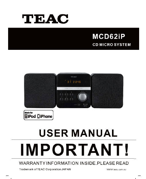 TEAC MCD62iP USER MANUAL BOOK INC TRSHOOT GUIDE IN ENGLISH CD MICRO SYSTEM