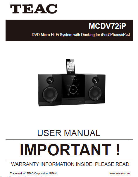 TEAC MCDV72iP USER MANUAL BOOK IN ENGLISH DVD MICRO HIFI SYSTEM