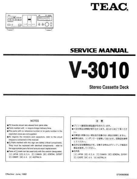 TEAC V-3010 SERVICE MANUAL BOOK IN ENGLISH STEREO CASSETTE DECK