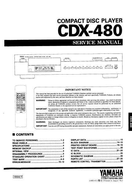 YAMAHA CDX-480 SERVICE MANUAL BOOK IN ENGLISH CD PLAYER