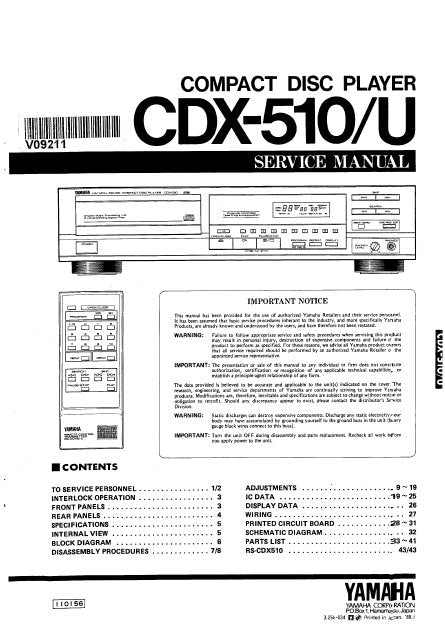 YAMAHA CDX-510 CDX-510U SERVICE MANUAL BOOK IN ENGLISH CD PLAYER