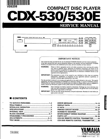 YAMAHA CDX-530 CDX-530E SERVICE MANUAL BOOK IN ENGLISH CD PLAYER