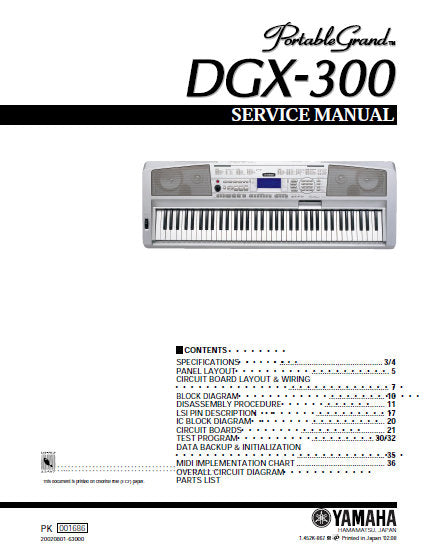 YAMAHA DGX-300 SERVICE MANUAL BOOK IN ENGLISH PORTABLE GRAND PIANO