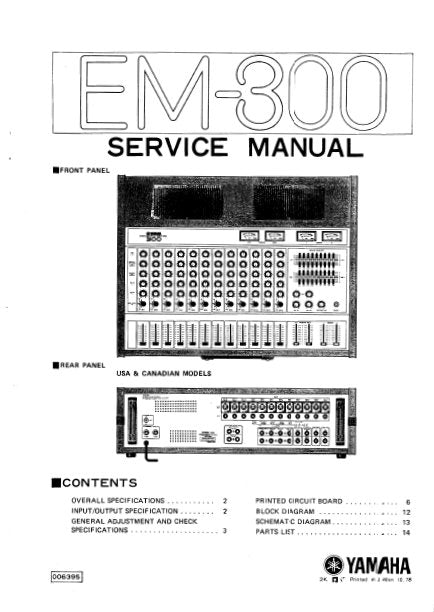 YAMAHA EM-300 SERVICE MANUAL BOOK IN ENGLISH SOUND REINFORCEMENT MIXER