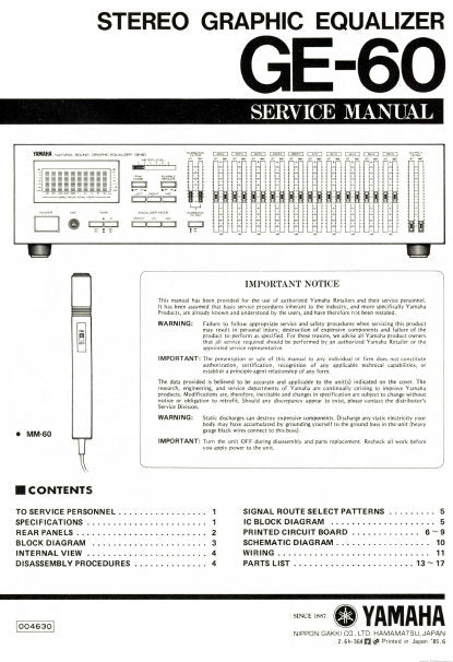 YAMAHA GE-60 SERVICE MANUAL BOOK IN ENGLISH STEREO GRAPHIC EQUALIZER