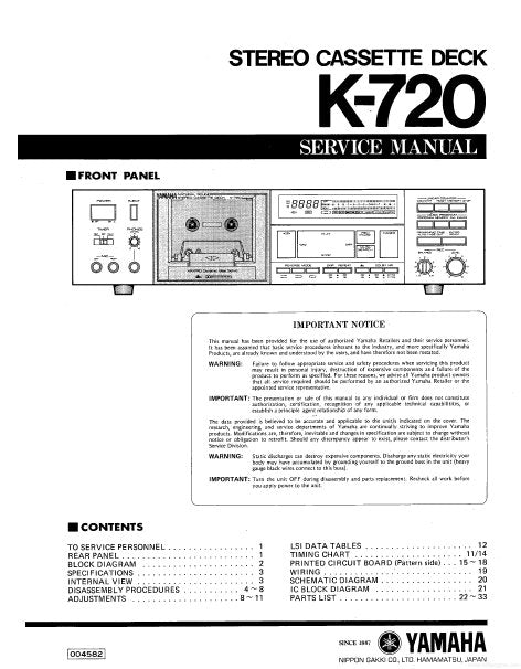 YAMAHA K-720 SERVICE MANUAL BOOK IN ENGLISH STEREO CASSETTE DECK
