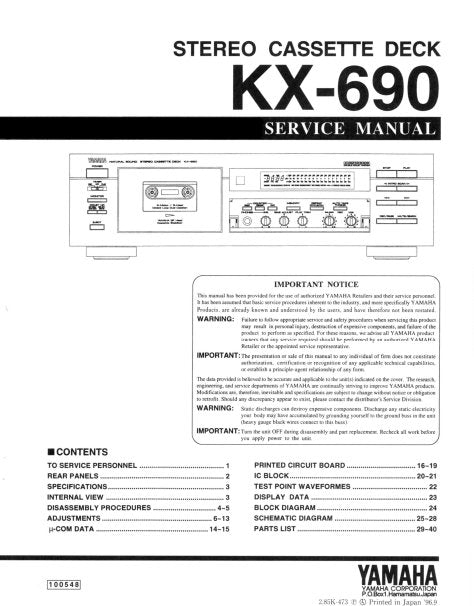 YAMAHA KX-690 SERVICE MANUAL BOOK IN ENGLISH STEREO CASSETTE DECK