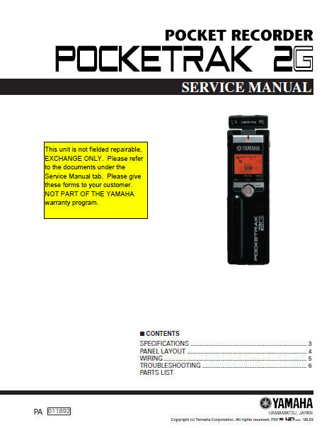 YAMAHA POCKETRAK 2G SERVICE MANUAL BOOK IN ENGLISH POCKET RECORDER
